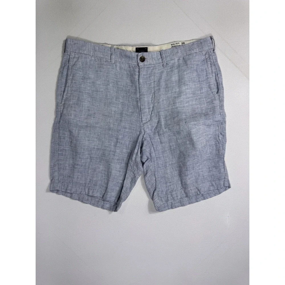 J Crew 100% Linen Shorts Men's 35x9 (37x9.5) Blue White Striped Resort Beach